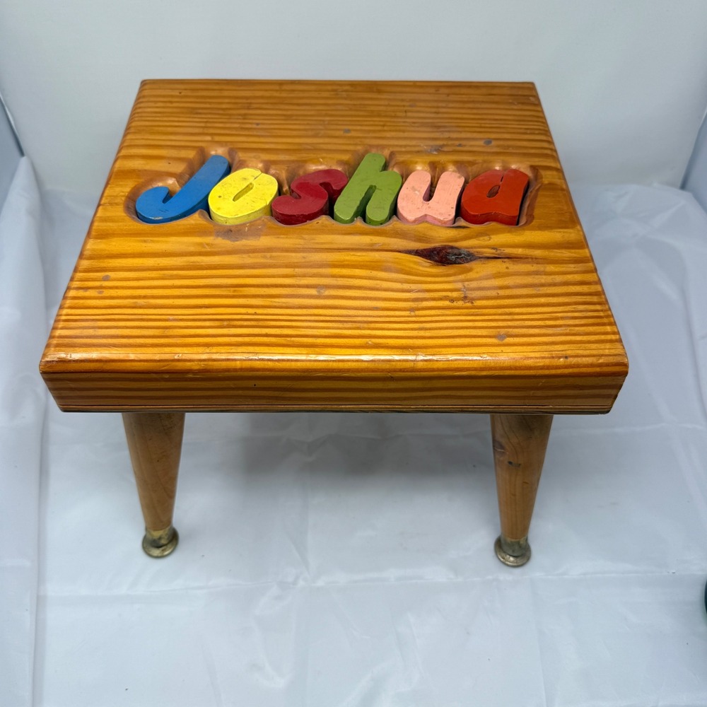 Vintage Wooden Name Puzzle Stool Joshua  Tapered Legs Kids Furniture